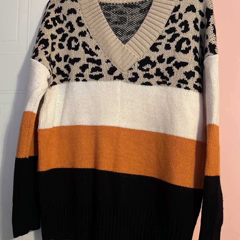 Leopard Print V-Neck Sweater - Black, White, and Orange